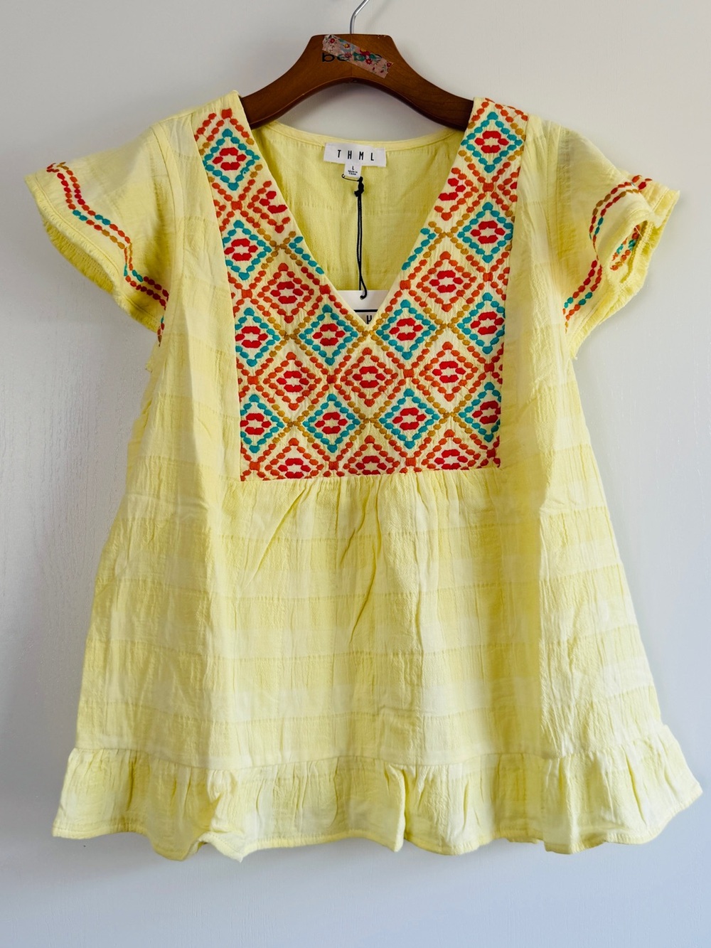 THML Yellow Embroidered V‑Neck Tunic Top Boho